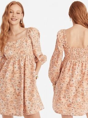 J. Crew Dress Medium Peach Brown Floral Cotton Babydoll Puff Sleeve Square Neck